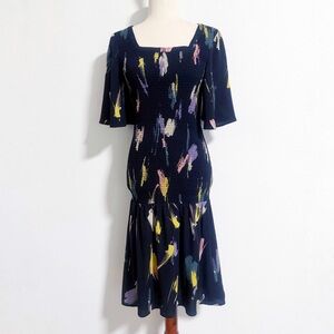 Roolee Smocked Mermaid Hem Flutter Sleeve Geometric Print Dress